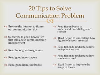 
20 Tips to Solve
Communication Problem
 Browse the internet to figure
out communication tips
 Subscribe to good newsletter
that talk about communication
improvement
 Read lot of good magazines
 Read good newspapers
 Read good literature books
 Read fiction books to
understand how dialogue are
spoken
 Read fiction to understand how
figures of speech are used
 Read fiction to understand how
metaphors are used
 Read fiction to understand how
similes are used
 Read fiction to improve the
usage of tenses
 