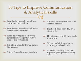 
30 Tips to Improve Communication
& Analytical skills
 Read fiction to understand how
narrations can be done
 Read fiction to understand how a
scene can be described
 Read newspapers to improve
general knowledge that can be
used while conversing
 Initiate & attend informal group
discussions
 Attend Formal training sessions
 Get hold of analytical books to
start the practice
 Practice 1 hour each day on a
single topic
 Help teenagers with their math
homework
 Take a math info-session to
your neighborhood kids
 Attend a coaching class that
improves your puzzle solving
skills
 