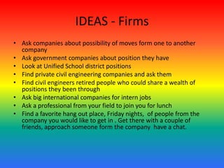 IDEAS - Firms
• Ask companies about possibility of moves form one to another
company
• Ask government companies about position they have
• Look at Unified School district positions
• Find private civil engineering companies and ask them
• Find civil engineers retired people who could share a wealth of
positions they been through
• Ask big international companies for intern jobs
• Ask a professional from your field to join you for lunch
• Find a favorite hang out place, Friday nights, of people from the
company you would like to get in . Get there with a couple of
friends, approach someone form the company have a chat.
 