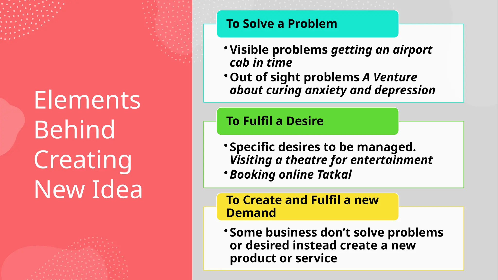 Elements
Behind
Creating
New Idea
•Visible problems getting an airport
cab in time
•Out of sight problems A Venture
about curing anxiety and depression
To Solve a Problem
•Specific desires to be managed.
Visiting a theatre for entertainment
•Booking online Tatkal
To Fulfil a Desire
•Some business don’t solve problems
or desired instead create a new
product or service
To Create and Fulfil a new
Demand
 