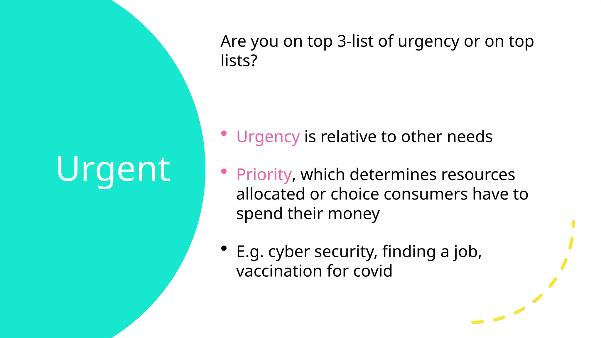 Urgent
Are you on top 3-list of urgency or on top
lists?
• Urgency is relative to other needs
• Priority, which determines resources
allocated or choice consumers have to
spend their money
• E.g. cyber security, finding a job,
vaccination for covid
 