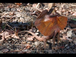 Preening Ideas
• Think big.
• Love your ideas. Defer judgment. (preening
picture
Big up your ideas!
Take to logical conclusion.
Defer judgment.
http://www.flickr.com/photos/wouterdb/405030052
 