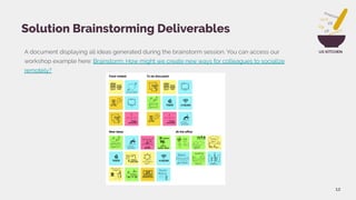UX KITCHENA document displaying all ideas generated during the brainstorm session. You can access our
workshop example here: Brainstorm: How might we create new ways for colleagues to socialize
remotely?
12
Solution Brainstorming Deliverables
 