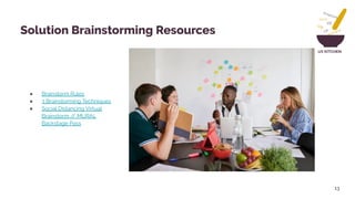 UX KITCHEN
● Brainstorm Rules
● 3 Brainstorming Techniques
● Social Distancing Virtual
Brainstorm // MURAL
Backstage Pass
13
Solution Brainstorming Resources
 