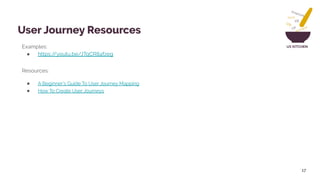 UX KITCHENExamples:
● https://youtu.be/JTqCR84fzeg
Resources:
● A Beginner’s Guide To User Journey Mapping
● How To Create User Journeys
17
User Journey Resources
 