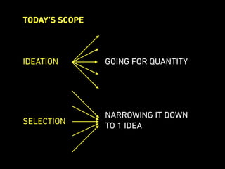 TODAY’S SCOPE
IDEATION GOING FOR QUANTITY
SELECTION
NARROWING IT DOWN
TO 1 IDEA
 