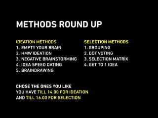 METHODS ROUND UP
IDEATION METHODS
1. EMPTY YOUR BRAIN
2. HMW IDEATION
3. NEGATIVE BRAINSTORMING
4. IDEA SPEED DATING
5. BRAINDRAWING
SELECTION METHODS
1. GROUPING
2. DOT VOTING
3. SELECTION MATRIX
4. GET TO 1 IDEA
CHOSE THE ONES YOU LIKE
YOU HAVE TILL 14.00 FOR IDEATION
AND TILL 16.00 FOR SELECTION
 