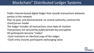 Blockchain” Distributed Ledger Systems
Public internet-based digital ledger that records transactions between
parties in t...