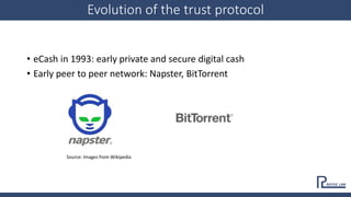 Evolution of the trust protocol
• eCash in 1993: early private and secure digital cash
• Early peer to peer network: Napst...