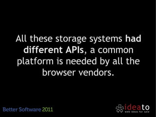 All these storage systems had
  different APIs, a common
platform is needed by all the
       browser vendors.
 