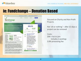 ie: Fundchange – Donation Based
                             Focused	
  on	
  Charity	
  and	
  Non-­‐Proﬁt	
  
                             Projects	
  
                             	
  
                             Not	
  ‘all	
  or	
  nothing’	
  –	
  ader	
  21	
  days	
  a	
  
                             project	
  can	
  be	
  removed	
  
                             	
  
                             Costs:	
  
                             $99	
  +	
  hst	
  to	
  join	
  
                                  	
  includes	
  2	
  posDngs	
  
                             3.9%	
  processing	
  fee	
  




                    18	
  
 