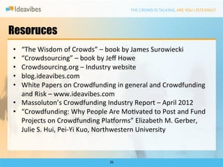Resoruces
•  “The	
  Wisdom	
  of	
  Crowds”	
  –	
  book	
  by	
  James	
  Surowiecki	
  
•  “Crowdsourcing”	
  –	
  book	
  by	
  Jeﬀ	
  Howe	
  
•  Crowdsourcing.org	
  –	
  Industry	
  website	
  
•  blog.ideavibes.com	
  
•  White	
  Papers	
  on	
  Crowdfunding	
  in	
  general	
  and	
  Crowdfunding	
  
   and	
  Risk	
  –	
  www.ideavibes.com	
  
•  Massoluton’s	
  Crowdfunding	
  Industry	
  Report	
  –	
  April	
  2012	
  
•  “Crowdfunding:	
  Why	
  People	
  Are	
  MoDvated	
  to	
  Post	
  and	
  Fund	
  
   Projects	
  on	
  Crowdfunding	
  Plaporms”	
  Elizabeth	
  M.	
  Gerber,	
  
   Julie	
  S.	
  Hui,	
  Pei-­‐Yi	
  Kuo,	
  Northwestern	
  University	
  	
  



                                          26	
  
 