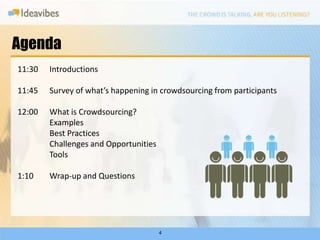 Agenda11:30	Introductions11:45	Survey of what’s happening in crowdsourcing from participants12:00What is Crowdsourcing?ExamplesBest PracticesChallenges and OpportunitiesTools1:10	Wrap-up and Questions4