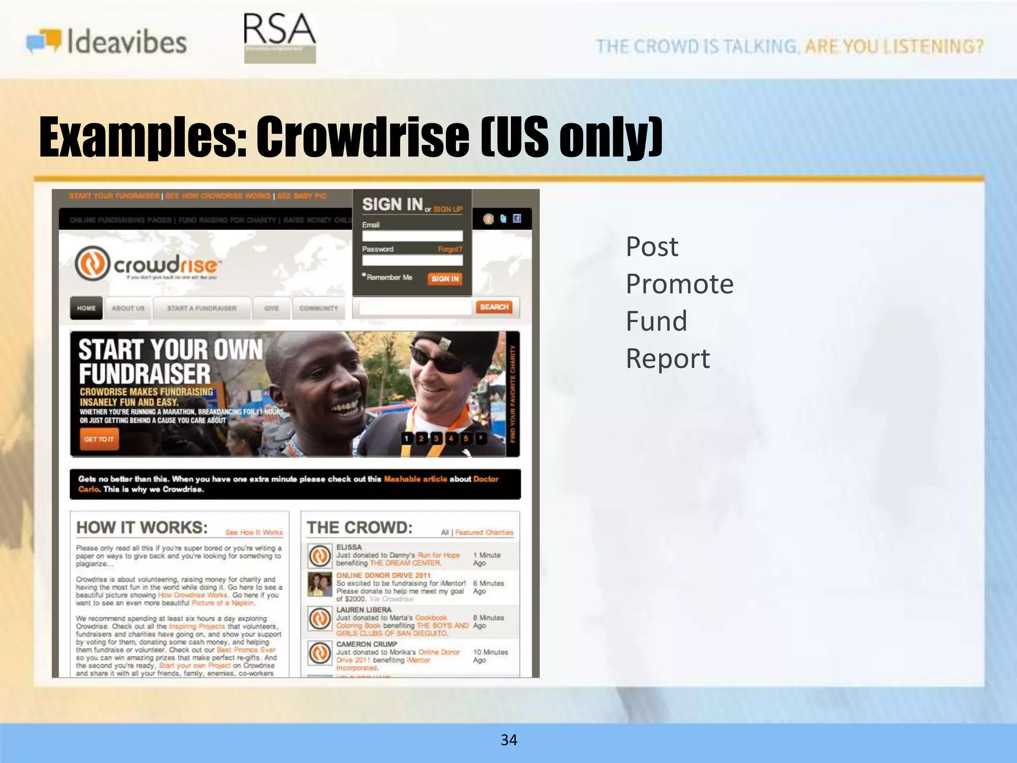 Examples: Crowdrise (US only)
                           Post
                           Promote
                           Fund
                           Report




                     34
 