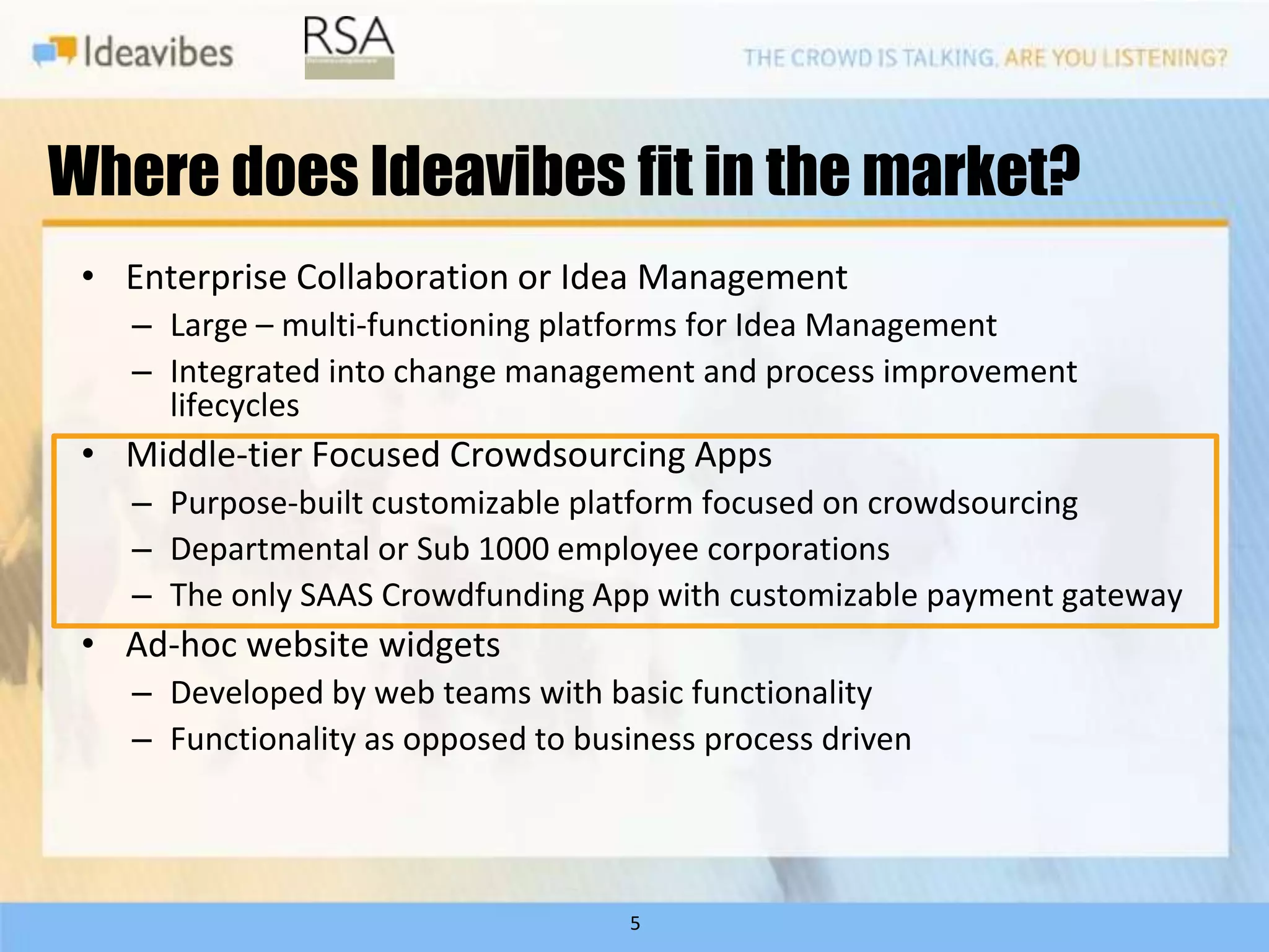 Where does Ideavibes fit in the market?
 • Enterprise Collaboration or Idea Management
   – Large – multi-functioning platforms for Idea Management
   – Integrated into change management and process improvement
     lifecycles
 • Middle-tier Focused Crowdsourcing Apps
   – Purpose-built customizable platform focused on crowdsourcing
   – Departmental or Sub 1000 employee corporations
   – The only SAAS Crowdfunding App with customizable payment gateway
 • Ad-hoc website widgets
   – Developed by web teams with basic functionality
   – Functionality as opposed to business process driven




                                    5
 