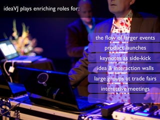 the ﬂow of larger events
product launches
keynotes as side-kick
idea & interaction walls
large groups at trade fairs
interactive meetings
...
ideaVJ plays enriching roles for:
 