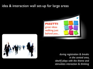 PSSSTT!!
great ideas
walking just
behind you...
during registration & breaks 
in the central area,  
ideaVJ plays with the theme and
stimulates interaction & thinking
idea & interaction wall set-up for large areas
 