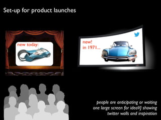 new!
in 1971...
new today:
people are anticipating or waiting
one large screen for ideaVJ showing
twitter walls and inspiration
Set-up for product launches
 