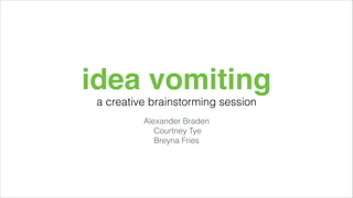idea vomiting
a creative brainstorming session
Alexander Braden
Courtney Tye
Breyna Fries

 