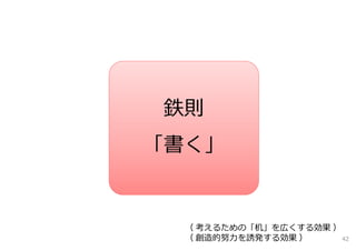 鉄則
「書く」


  （ 考えるための「机」を広くする効果 ）
  （ 創造的努⼒を誘発する効果 ）     42
 