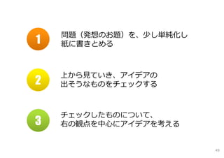 問題（発想のお題）を、少し単純化し
1   紙に書きとめる



    上から⾒ていき、アイデアの
2   出そうなものをチェックする



    チェックしたものについて、
3   右の観点を中⼼にアイデアを考える


                        49
 