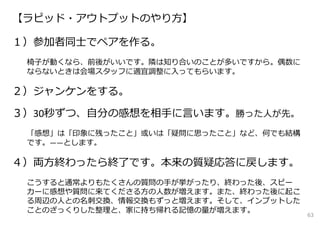 【ラピッド・アウトプットのやり⽅】

１）参加者同⼠でペアを作る。
 椅⼦が動くなら、前後がいいです。隣は知り合いのことが多いですから。偶数に
 ならないときは会場スタッフに適宜調整に⼊ってもらいます。

２）ジャンケンをする。

３）30秒ずつ、⾃分の感想を相⼿に⾔います。勝った⼈が先。
 「感想」は「印象に残ったこと」或いは「疑問に思ったこと」など、何でも結構
 です。――とします。

４）両⽅終わったら終了です。本来の質疑応答に戻します。
 こうすると通常よりもたくさんの質問の⼿が挙がったり、終わった後、スピー
 カーに感想や質問に来てくださる⽅の⼈数が増えます。また、終わった後に起こ
 る周辺の⼈との名刺交換、情報交換もずっと増えます。そして、インプットした
 ことのざっくりした整理と、家に持ち帰れる記憶の量が増えます。
                                        63
 