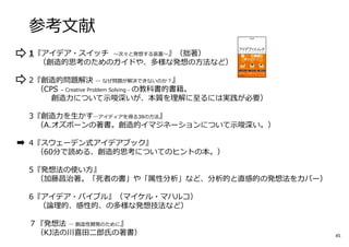 参考⽂献
1『アイデア・スイッチ 〜次々と発想する装置〜』（拙著）
（創造的思考のためのガイドや、多様な発想の方法など）
2『創造的問題解決 ― なぜ問題が解決できないのか︖』
（CPS – Creative Problem Solving - の教科書的書籍。
創造⼒について⽰唆深いが、本質を理解に⾄るには実践が必要）
3『創造⼒を生かす―アイディアを得る38の方法』
（A.オズボーンの著書。創造的イマジネーションについて⽰唆深い。）
4『スウェーデン式アイデアブック』
（60分で読める、創造的思考についてのヒントの本。）
5『発想法の使い方』
（加藤昌治著。「死者の書」や「属性分析」など、分析的と直感的の発想法をカバー）
6『アイデア・バイブル』（マイケル・マハルコ）
（論理的、感性的、の多様な発想技法など）
７『発想法 ― 創造性開発のために』
（KJ法の川喜⽥⼆郎氏の著書） 45
 
