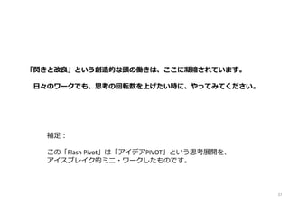 「閃きと改良」という創造的な頭の働きは、ここに凝縮されています。
日々のワークでも、思考の回転数を上げたい時に、やってみてください。
補⾜︓
この「Flash Pivot」は「アイデアPIVOT」という思考展開を、
アイスブレイク的ミニ・ワークしたものです。
37
 