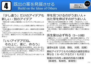 4     既出の案を発展させる                                        読み物
                                                 創造⼯学の
                                                ⽂献各種より
          Build on the Ideas of Others

「少し違う」だけのアイデアも 芽を⾒つけるのがうまい⼈＋
新しい・別のアイデア     出た芽を伸ばすのがうまい⼈
「特許の多くは他⼈が最初思いついたアイディアを⼟台にした   「感化⼒も⼤きな役割を果たす（中略）『本当のブレーンス
もの」                            トーム会議では、1⼈の頭脳のひらめきが他の⼈々の持つ素晴ら
「他⼈のアイディアのちょっとした改良に過ぎない特許はさら   しいアイディアに⽕をつけて、⼀連の爆⽵のように次々に鳴り
に多い」                           渡らせる』この現象を「連鎖反応」と呼ぶ社員もある」
「完全主義は⼈⽣の視野を狭めてしまい、創造的な努⼒を制限   「良い共同者と⼀緒だと創造的な仕事が⼀層よくできる場合は
してしまう」                         多い」
「ほとんどすべてのアイディアは他のアイディアの上に成り
⽴っており、最⾼のアイディアとは前にあったものの改良に過
ぎない」                           派⽣案は必ず有る（5〜10個）
                               「連想はブレーンストームの際、⼆様の効果を発揮する。アイ

「いいアイデアだね。                     ディアを出したものは⾃動的にそのアイディアによってイマジ
                               ネーションをかき⽴てられ別のアイディアの⽅に向かう。

 その上に、更に、作ろう」                  ⼀⽅彼のアイディアは他の出席者全員の連想⼒にも働きかける。

「どんな地位においても妨害の本当の原因は、あのいまいまし
い⾃尊⼼、すなわち⾃分の判断⼒に対する⾃尊⼼である。⾃分
                               連想4法則（近接、類似、対照、因果）
の批判⼒がすぐれていると思うために、仲間のアイディアをつ
い⿐であしらってしまうのである。」
                               類似アイデアでもその周辺の連想空間は
「『これでもよいが、さらによくするにはどうすべきか？』を   異なる（ 6→5にするだけ！も⼤切 ）
考えるのだ」
                               発展の⽅向性＝創造的所産の3要素
                               （新規性、有⽤性、実現性）              156
 