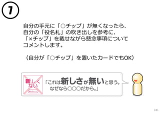 7
    ⾃分の⼿元に「○チップ」が無くなったら、
    ⾃分の「役名札」の吹き出しを参考に、
    「×チップ」を載せながら懸念事項について
    コメントします。

    （⾃分が「○チップ」を置いたカードでもOK）




                             181
 