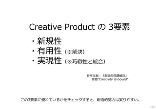 Creative Product の 3要素
  ・新規性
  ・有⽤性（※解決）
  ・実現性（※巧緻性と統合）
                  参考⽂献：『創造的問題解決』
                    原題”Creativity Unbound”




この3要素に優れているかをチェックすると、創造的努⼒は実りやすい。
                                             193
 