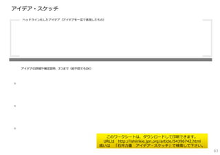 アイデア・スケッチ
    ヘッドライン化したアイデア（アイデアを⼀⾔で表現したもの）




    アイデアの詳細や補⾜説明、3つまで（絵や図でもOK）




・

・

・
                                   このワークシートは、ダウンロードして印刷できます。
                                  URLは http://ishiirikie.jpn.org/article/54396742.html
                                 或いは 「⽯井⼒重 アイデア・スケッチ」で検索して下さい。
                                                                                         63
 
