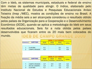 Com o Ideb, os sistemas municipais, estaduais e federal de ensino têm metas de qualidade para atingir. O índice, elaborado pelo Instituto Nacional de Estudos e Pesquisas Educacionais Anísio Teixeira (Inep /MEC), mostra as condições de ensino no Brasil. A fixação da média seis a ser alcançada considerou o resultado obtido pelos países da Organização para a Cooperação e o Desenvolvimento Econômico (OCDE), quando se aplica a metodologia do Ideb em seus resultados educacionais. Seis foi a nota obtida pelos países desenvolvidos que ficaram entre os 20 mais bem colocados do mundo. 