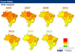 Fonte: MEC/Inep; Mapa elaborado por Inep/DEED
Ensino Médio
Rede estadual
2005 2007 2009 2011
2013 2015 2017
 