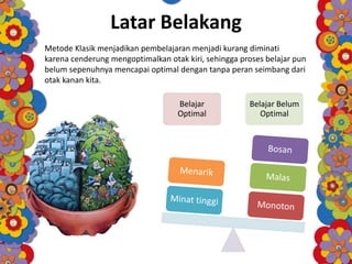Latar Belakang
Belajar
Optimal
Belajar Belum
Optimal
Metode Klasik menjadikan pembelajaran menjadi kurang diminati
karena cenderung mengoptimalkan otak kiri, sehingga proses belajar pun
belum sepenuhnya mencapai optimal dengan tanpa peran seimbang dari
otak kanan kita.
 