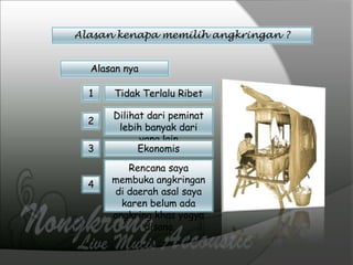 Alasan kenapa memilih angkringan ?
Alasan nya
Tidak Terlalu Ribet
Dilihat dari peminat
lebih banyak dari
yang lain
Ekonomis
Rencana saya
membuka angkringan
di daerah asal saya
karen belum ada
angkring khas yogya
disana
1
2
3
4
 
