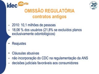 OMISSÃO REGULATÓRIA contratos antigos 2010: 10,1 milhões de pessoas 18,06 % dos usuários (21,8% se excluídos planos exclusivamente odontológicos) Reajustes Cláusulas abusivas  não incorporação do CDC na regulamentação da ANS decisões judiciais favoráveis aos consumidores 