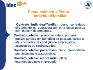 Plano coletivo x Plano individual/familiar Contrato individual/familiar:  plano contratado diretamente na operadora por uma única pessoa com ou sem dependentes.  Contrato coletivo:  plano contratado por uma pessoa jurídica em benefício de pessoas físicas a ela vinculadas na condição de empregados, associados ou sindicalizados.  Contrato coletivo por adesão:  plano intermediado por sindicatos e associações.  Contrato coletivo empresarial:  plano intermediado pelo empregador. 