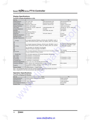 Series FT1A Controller
Display Specifications
Touch/Pro (Display Model/Built-in LCD)
—
—
—
—
—
—
—
—
—
Operation Specifications
Touch/Pro (Display/LCD Models)
www.dienhathe.vn
www.dienhathe.com
 