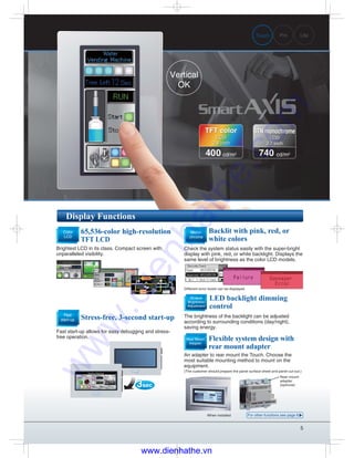 5
Display Functions
Backlit with pink, red, or
white colors
Check the system status easily with the super-bright
display with pink, red, or white backlight. Displays the
same level of brightness as the color LCD models.
LED backlight dimming
control
The brightness of the backlight can be adjusted
according to surrounding conditions (day/night),
saving energy.
32-level
Brightness
Adjustment
Mono-
chrome
65,536-color high-resolution
TFT LCD
Brightest LCD in its class. Compact screen with
unparalleled visibility.
Color
LCD
Stress-free, 3-second start-up
Fast start-up allows for easy debugging and stress-
free operation.
Fast
start-up
3sec
Different error levels can be displayed.
Pro LiteTouch
When installed
Rear mount
adapter
(optional)
Vertical
OK
An adapter to rear mount the Touch. Choose the
most suitable mounting method to mount on the
equipment.
(The customer should prepare the panel surface sheet and panel cut-out.)
Flexible system design with
rear mount adapter
Rear Mount
Adapter
For other functions see page 8
400 cd/m2
TFT color
LCD
3.8 inch
TFT color
LCD
3.8 inch
740 cd/m2
STN monochrome
LCD
3.7 inch
STN monochrome
LCD
3.7 inch
www.dienhathe.vn
www.dienhathe.com
 