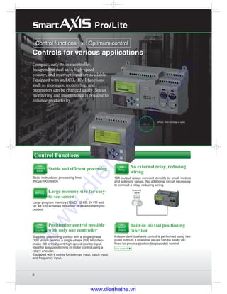 6
Solenoid
valve
Compact, easy-to-use controller.
Independent dual axis, high-speed
counter, and interrupt input are available.
Equipped with an LCD, HMI functions
such as messages, monitoring, and
parameters can be changed easily. Status
monitoring and maintenance is possible to
enhance productivity.
Positioning control possible
with only one controller
Stable and efficient processing
Basic instructions processing time:
950μs/1000 steps
Large memory size for easy-
to-see screen
Built-in biaxial positioning
function
No external relay, reducing
wiring
Supports positioning control with a single-phase
(100 kHz)/4 point or a single-phase (100 kHz)/two-
phase (50 kHz)/2 point high-speed counter input.
Ideal for easy positioning or motor control using a
rotary encoder.
Equipped with 6 points for interrupt input, catch input,
and frequency input.
Large program memory (12 I/O: 12 KB, 24 I/O and
up: 48 KB) achieves reduction of development pro-
cesses.
Independent dual-axis control is performed using two
pulse outputs. Locational values can be easily de-
fined for precise position (trapezoidal) control.
10A output relays connect directly to small motors
and solenoid valves. No additional circuit necessary
to connect a relay, reducing wiring. 
Control functions x Optimum control
Controls for various applications
High
Speed
Counter
Fast
Processing
Speed
Memory
10A
Relay
High-
speed
Output
Control Functions
Pro
Pro/Lite
See page 9
((Photo: when cartridge is used)
www.dienhathe.vn
www.dienhathe.com
 