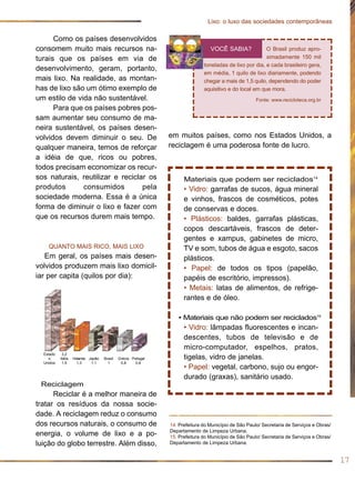 Como os países desenvolvidos
consomem muito mais recursos na-
turais que os países em via de
desenvolvimento, geram, portanto,
mais lixo. Na realidade, as montan-
has de lixo são um ótimo exemplo de
um estilo de vida não sustentável.
Para que os países pobres pos-
sam aumentar seu consumo de ma-
neira sustentável, os países desen-
volvidos devem diminuir o seu. De
qualquer maneira, temos de reforçar
a idéia de que, ricos ou pobres,
todos precisam economizar os recur-
sos naturais, reutilizar e reciclar os
produtos consumidos pela
sociedade moderna. Essa é a única
forma de diminuir o lixo e fazer com
que os recursos durem mais tempo.
QUANTO MAIS RICO, MAIS LIXO
Em geral, os países mais desen-
volvidos produzem mais lixo domicil-
iar per capita (quilos por dia):
em muitos países, como nos Estados Unidos, a
reciclagem é uma poderosa fonte de lucro.
17
Lixo: o luxo das sociedades contemporâneas
O Brasil produz apro-
ximadamente 150 mil
toneladas de lixo por dia, e cada brasileiro gera,
em média, 1 quilo de lixo diariamente, podendo
chegar a mais de 1,5 quilo, dependendo do poder
aquisitivo e do local em que mora.
Fonte: www.recicloteca.org.br
VOCÊ SABIA?
14. Prefeitura do Município de São Paulo/ Secretaria de Serviços e Obras/
Departamento de Limpeza Urbana.
15. Prefeitura do Município de São Paulo/ Secretaria de Serviços e Obras/
Departamento de Limpeza Urbana.
Materiais que podem ser reciclados14
• Vidro: garrafas de sucos, água mineral
e vinhos, frascos de cosméticos, potes
de conservas e doces.
• Plásticos: baldes, garrafas plásticas,
copos descartáveis, frascos de deter-
gentes e xampus, gabinetes de micro,
TV e som, tubos de água e esgoto, sacos
plásticos.
• Papel: de todos os tipos (papelão,
papéis de escritório, impressos).
• Metais: latas de alimentos, de refrige-
rantes e de óleo.
• Materiais que não podem ser reciclados15
• Vidro: lâmpadas fluorescentes e incan-
descentes, tubos de televisão e de
micro-computador, espelhos, pratos,
tigelas, vidro de janelas.
• Papel: vegetal, carbono, sujo ou engor-
durado (graxas), sanitário usado.
Reciclagem
Reciclar é a melhor maneira de
tratar os resíduos da nossa socie-
dade. A reciclagem reduz o consumo
dos recursos naturais, o consumo de
energia, o volume de lixo e a po-
luição do globo terrestre. Além disso,
Estado
s
Unidos
3,2
Itália
1,5
Holanda
1,3
Japão
1,1
Brasil
1
Grécia
0,8
Portugal
0,6
 