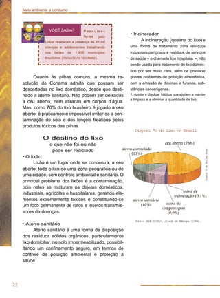 22
Meio ambiente e consumo
P e s q u i s a s
fei-tas pelo
Unicef revelaram a presença de 45 mil
crianças e adolescentes trabalhando
nos lixões de 1.956 municípios
brasileiros (meta-de no Nordeste).
VOCÊ SABIA?
Fonte: IBGE (1991), citado em Embrapa (1994).
Disposi ªo do lixo no Brasil
IlustraªodeShirleySouza
• Incinerador
A incineração (queima do lixo) é
uma forma de tratamento para resíduos
industriais perigosos e resíduos de serviços
de saúde – o chamado lixo hospitalar –, não
sendo usado para tratamento de lixo domés-
tico por ser muito caro, além de provocar
graves problemas de poluição atmosférica,
com a emissão de dioxinas e furanos, sub-
stâncias cancerígenas.
1. Apoiar e divulgar hábitos que ajudem a manter
a limpeza e a eliminar a quantidade de lixo:
Quanto às pilhas comuns, a mesma re-
solução do Conama admite que possam ser
descartadas no lixo doméstico, desde que desti-
nado a aterro sanitário. Não podem ser deixadas
a céu aberto, nem atiradas em corpos d’água.
Mas, como 70% do lixo brasileiro é jogado a céu
aberto, é praticamente impossível evitar-se a con-
taminação do solo e dos lençóis freáticos pelos
produtos tóxicos das pilhas.
O destino do lixo
o que não foi ou não
pode ser reciclado
• O lixão
Lixão é um lugar onde se concentra, a céu
aberto, todo o lixo de uma zona geográfica ou de
uma cidade, sem controle ambiental e sanitário. O
principal problema dos lixões é a contaminação,
pois neles se misturam os dejetos domésticos,
industriais, agrícolas e hospitalares, gerando ele-
mentos extremamente tóxicos e constituindo-se
um foco permanente de ratos e insetos transmis-
sores de doenças.
• Aterro sanitário
Aterro sanitário é uma forma de disposição
dos resíduos sólidos orgânicos, particularmente
lixo domiciliar, no solo impermeabilizado, possibil-
itando um confinamento seguro, em termos de
controle de poluição ambiental e proteção à
saúde.
 