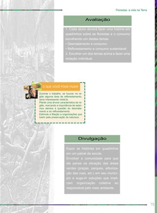 75
Florestas: a vida na Terra
Avaliação
1. Cada aluno deverá fazer uma história em
quadrinhos sobre as florestas e o consumo
escolhendo um destes temas:
• Desmatamento e consumo
• Reflorestamento e consumo sustentável
2. Escolher um dos temas acima e fazer uma
redação individual.
Divulgação
Expor as histórias em quadrinhos
em um painel da escola.
Envolver a comunidade para que
ela pense na situação das áreas
verdes (praças, parques, arboriza-
ção das ruas, etc.) em seu municí-
pio e suge-rir soluções que impli-
cam organização coletiva ao
responsável pelo meio ambiente.
Durante o trabalho, se houver na re-
gião alguma área de reflorestamento,
seria interessante visitá-la.
Plante uma árvore característica da re-
gião, marcando a importância de estar-
mos atentos à questão do desmata-
mento e do reflorestamento.
Estimule a filiação a organizações que
lutam pela preservação da natureza.
O QUE VOCÊ PODE FAZER
 