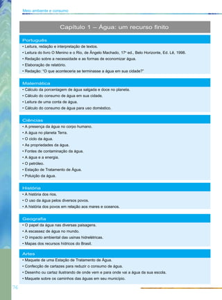 76
Meio ambiente e consumo
Português
• Leitura, redação e interpretação de textos.
• Leitura do livro O Menino e o Rio, de Ângelo Machado, 17a
ed., Belo Horizonte, Ed. Lê, 1998.
• Redação sobre a necessidade e as formas de economizar água.
• Elaboração de relatório.
• Redação: “O que aconteceria se terminasse a água em sua cidade?”
Matemática
• Cálculo da porcentagem de água salgada e doce no planeta.
• Cálculo do consumo de água em sua cidade.
• Leitura de uma conta de água.
• Cálculo do consumo de água para uso doméstico.
Ciências
• A presença da água no corpo humano.
• A água no planeta Terra.
• O ciclo da água.
• As propriedades da água.
• Fontes de contaminação da água.
• A água e a energia.
• O petróleo.
• Estação de Tratamento de Água.
• Poluição da água.
História
• A história dos rios.
• O uso da água pelos diversos povos.
• A história dos povos em relação aos mares e oceanos.
Geografia
• O papel da água nas diversas paisagens.
• A escassez de água no mundo.
• O impacto ambiental das usinas hidrelétricas.
• Mapas dos recursos hídricos do Brasil.
Artes
• Maquete de uma Estação de Tratamento de Água.
• Confecção de cartazes para reduzir o consumo de água.
• Desenho ou cartaz ilustrando de onde vem e para onde vai a água da sua escola.
• Maquete sobre os caminhos das águas em seu município.
Capítulo 1 – Água: um recurso finito
 