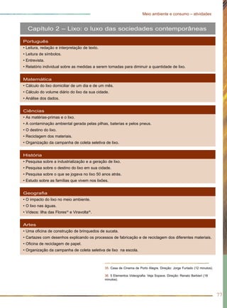 77
Meio ambiente e consumo – atividades
Português
• Leitura, redação e interpretação de texto.
• Leitura de símbolos.
• Entrevista.
• Relatório individual sobre as medidas a serem tomadas para diminuir a quantidade de lixo.
Matemática
• Cálculo do lixo domiciliar de um dia e de um mês.
• Cálculo do volume diário do lixo da sua cidade.
• Análise dos dados.
Ciências
• As matérias-primas e o lixo.
• A contaminação ambiental gerada pelas pilhas, baterias e pelos pneus.
• O destino do lixo.
• Reciclagem dos materiais.
• Organização da campanha de coleta seletiva de lixo.
História
• Pesquisa sobre a industrialização e a geração de lixo.
• Pesquisa sobre o destino do lixo em sua cidade.
• Pesquisa sobre o que se jogava no lixo 50 anos atrás.
• Estudo sobre as famílias que vivem nos lixões.
Geografia
• O impacto do lixo no meio ambiente.
• O lixo nas águas.
• Vídeos: Ilha das Flores35
e Viravolta36
.
Artes
• Uma oficina de construção de brinquedos de sucata.
• Cartazes com desenhos explicando os processos de fabricação e de reciclagem dos diferentes materiais.
• Oficina de reciclagem de papel.
• Organização da campanha de coleta seletiva de lixo na escola.
Capítulo 2 – Lixo: o luxo das sociedades contemporâneas
35. Casa de Cinema de Porto Alegre. Direção: Jorge Furtado (12 minutos).
36. 5 Elementos Videografia. Veja Sopave. Direção: Renato Barbieri (18
minutos).
 