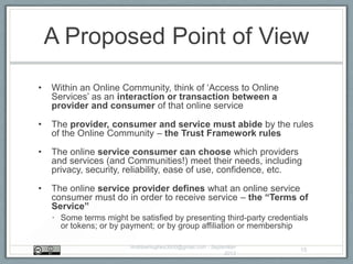 A Proposed Point of View
• Within an Online Community, think of „Access to Online
Services‟ as an interaction or transaction between a
provider and consumer of that online service
• The provider, consumer and service must abide by the rules
of the Online Community – the Trust Framework rules
• The online service consumer can choose which providers
and services (and Communities!) meet their needs, including
privacy, security, reliability, ease of use, confidence, etc.
• The online service provider defines what an online service
consumer must do in order to receive service – the “Terms of
Service”
• Some terms might be satisfied by presenting third-party credentials
or tokens; or by payment; or by group affiliation or membership
AndrewHughes3000@gmail.com - September
2013
15
 