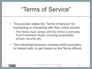 • The provider states the “Terms of Service” for
transacting or interacting with their online service
• The Terms must comply with the Online Community
Trust Framework Rules, including accessibility,
privacy, security, etc.
• The individual/consumer chooses which providers
to interact with, in part based on the Terms offered
“Terms of Service”
AndrewHughes3000@gmail.com - September
2013
20
 