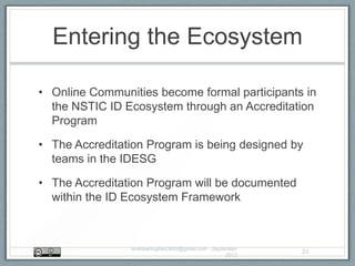 Entering the Ecosystem
• Online Communities become formal participants in
the NSTIC ID Ecosystem through an Accreditation
Program
• The Accreditation Program is being designed by
teams in the IDESG
• The Accreditation Program will be documented
within the ID Ecosystem Framework
AndrewHughes3000@gmail.com - September
2013
23
 