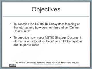 Objectives
• To describe the NSTIC ID Ecosystem focusing on
the interactions between members of an “Online
Community”*
• To describe how major NSTIC Strategy Document
elements work together to define an ID Ecosystem
and its participants
AndrewHughes3000@gmail.com - September
2013
3
* The “Online Community” is central to the NSTIC ID Ecosystem concept
 
